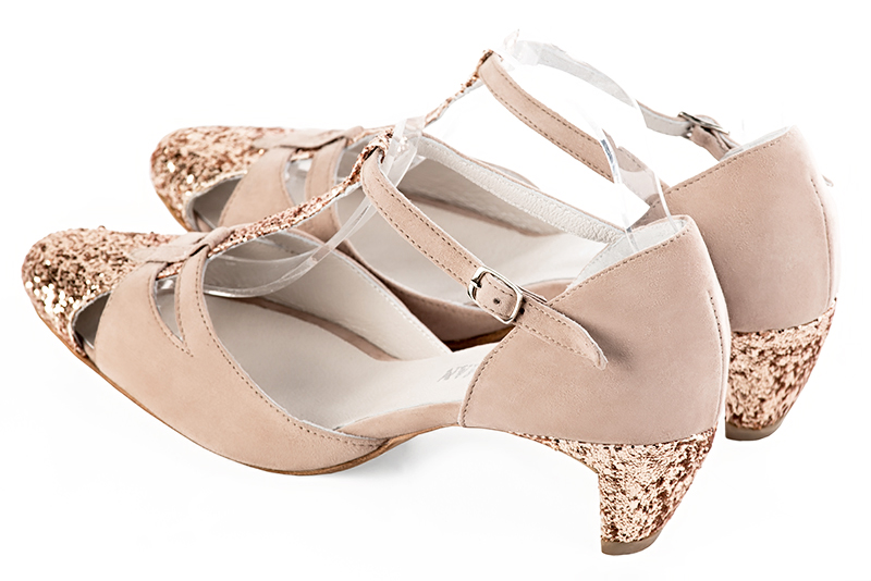 Copper gold and powder pink women's T-strap open side shoes. Round toe. Low comma heels. Rear view - Florence KOOIJMAN